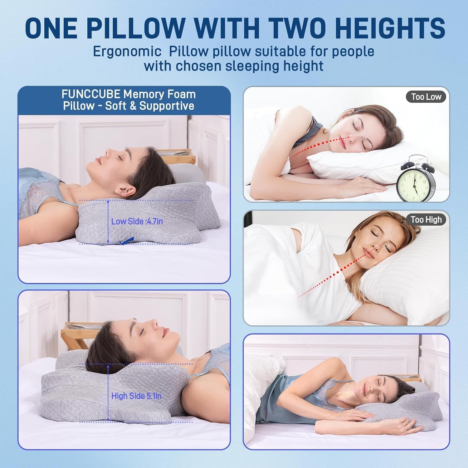 Funccube Cervical Neck Pillow - Memory Foam Pillow for Sleeping, Ergonomic Neck Support Contour Pillows for Side Back Stomach Sleepers, Orth…