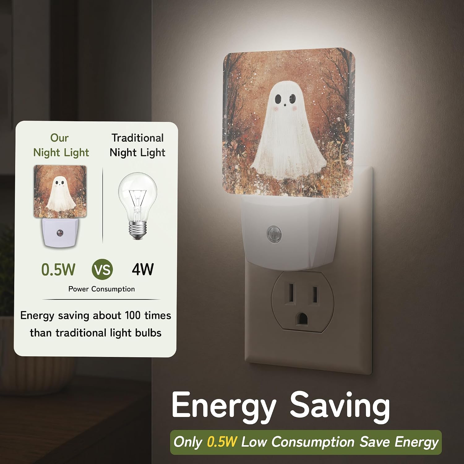 Cute Halloween Ghost Night Lights Plug into Wall, Night Light for Bedroom Bathroom Hallway Kitchen, Auto Dusk to Dawn Sensor Decorative…