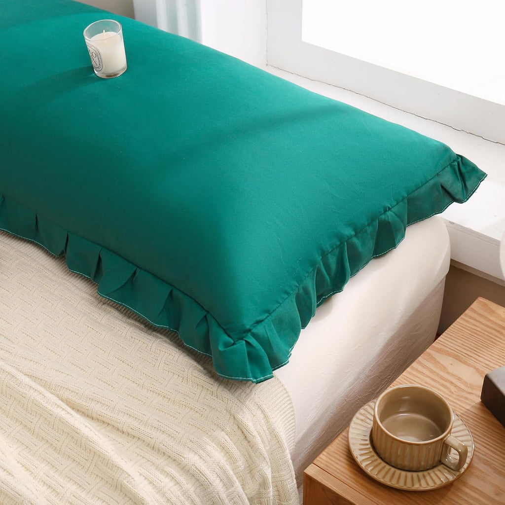 Merryword Dark Green Pillow Shams Green King Pillowcases Cute Pillow Cover Set of 2 Soft Shabby Chic Ruffled Pillowcases 2 Pack (King (20''…