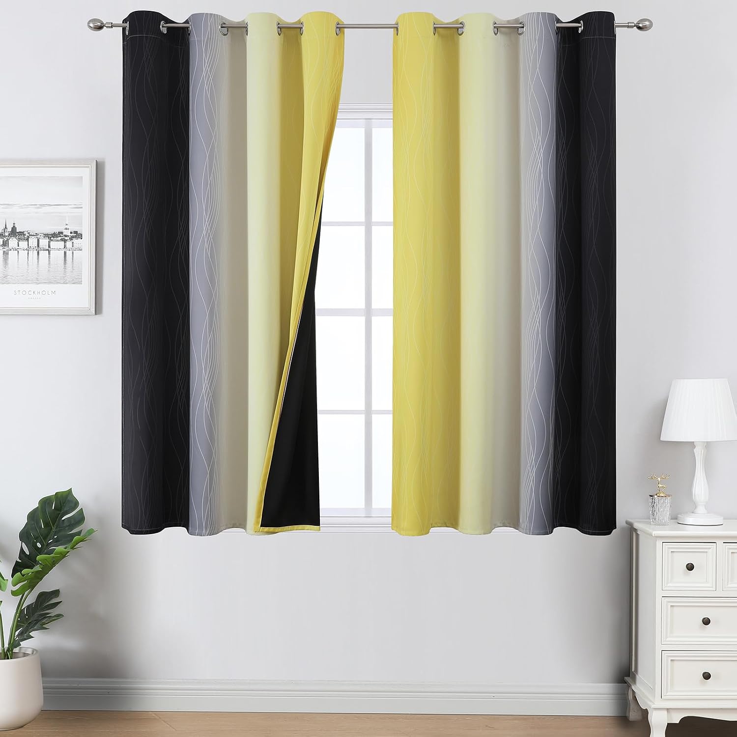 Estelartextiler Estelar Textiler Black and Yellow Ombre Blackout Curtains 45 Inches Long, Full Room Darkening Gradient Drapes for Kitchen,…