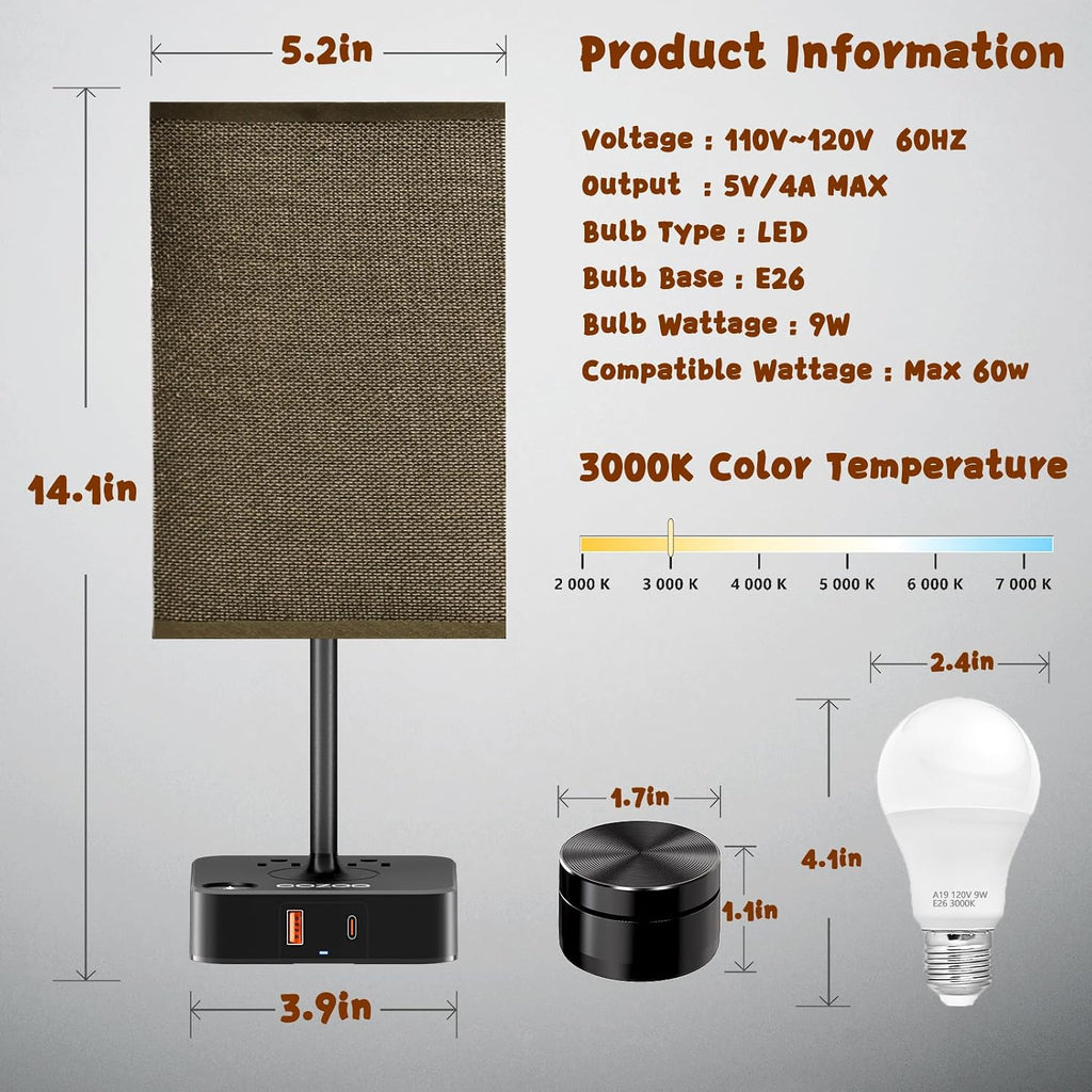 cozoo Bedroom Table Lamp with Remote Operation Control, Dimmable Bedside Table Desk Lamps with USB C+A Charging Ports 2 AC Outlets (Brown…