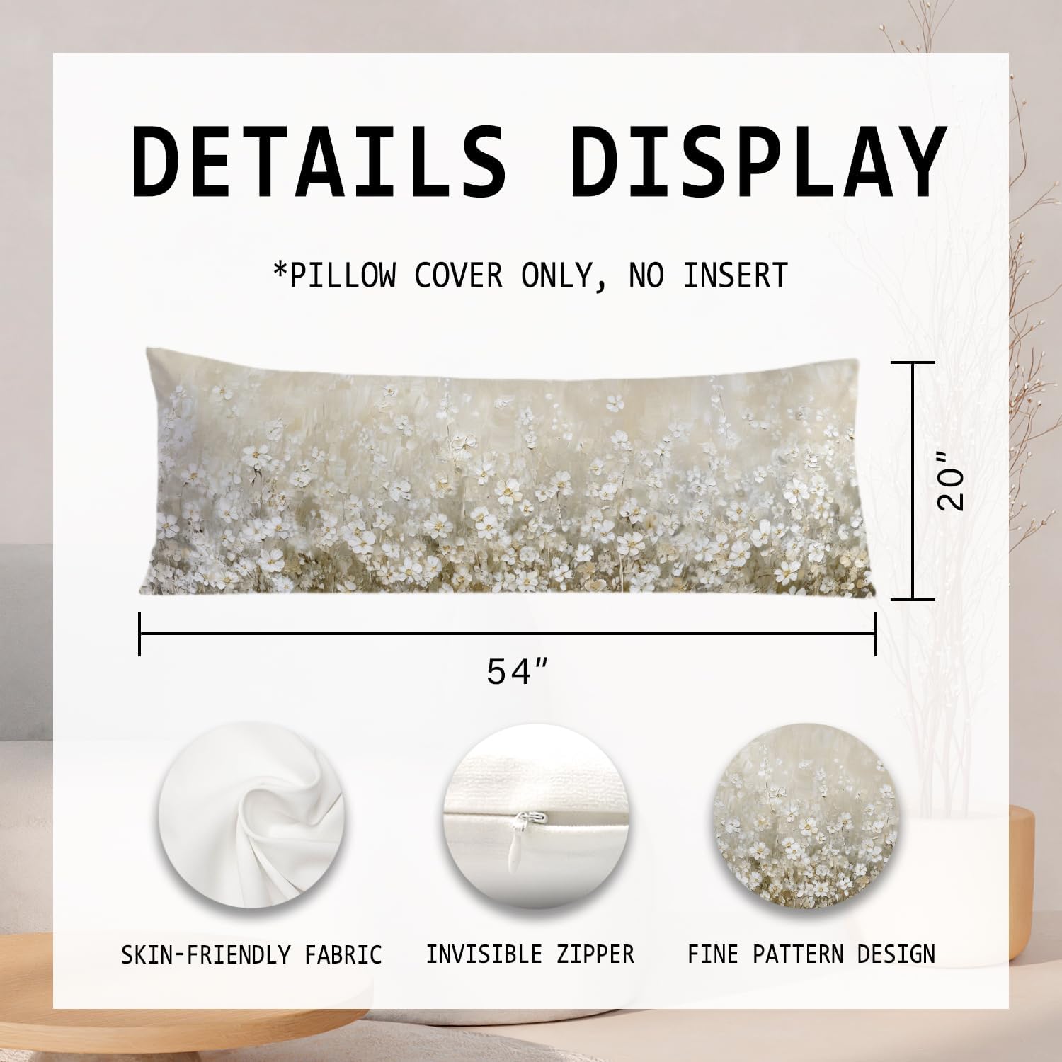 Vintage White Flower 20x54 Body Pillow Cover, Floral Room Decor, Botanical Decor, Abstract Modern Nature Wildflower Botanical Decorative…