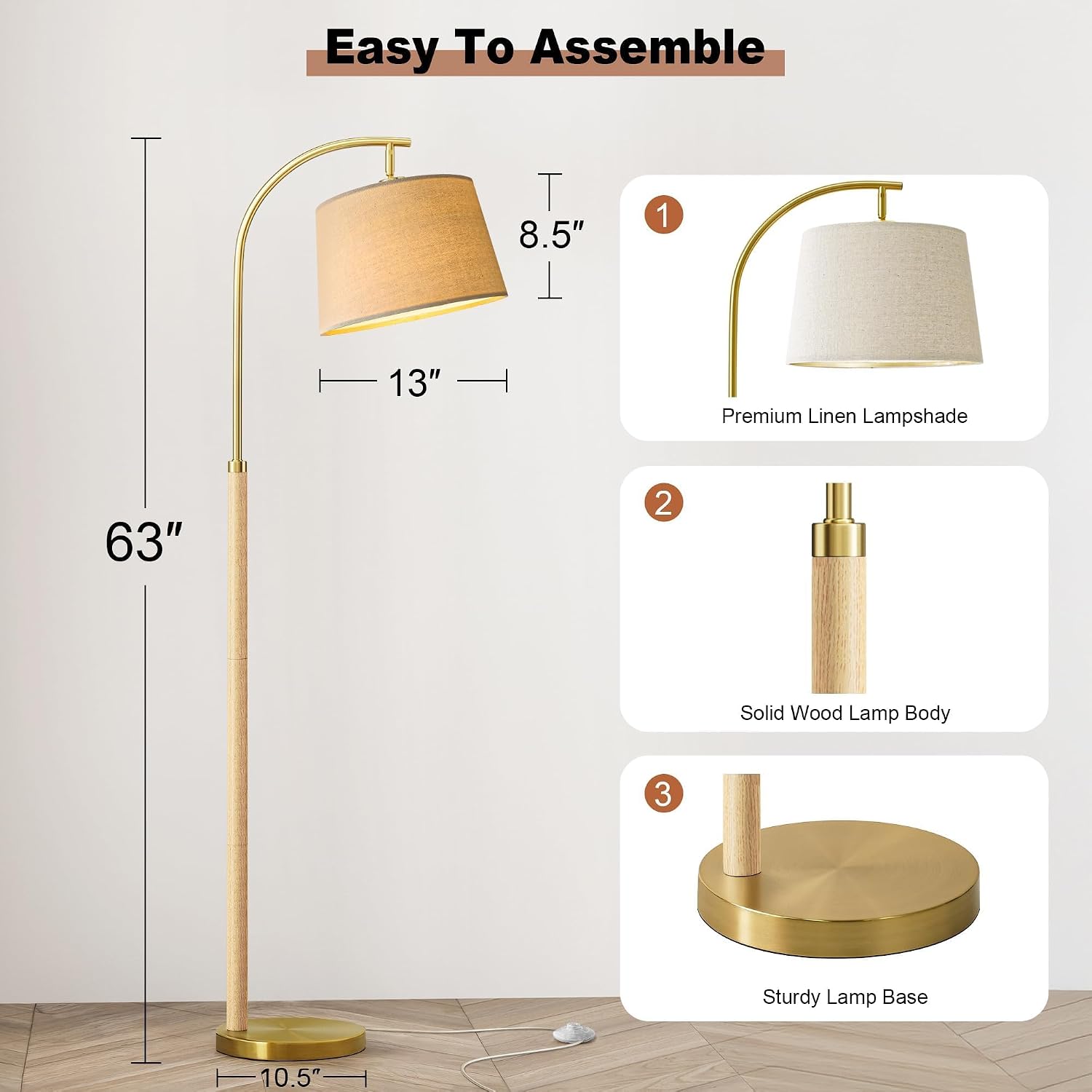 G-SAFAVA 63" Wood Floor Lamps for Living Room with Foot Switch Arc Tall Standing Lamp for Bedroom Mid Century Modern Corner Gold Floor…