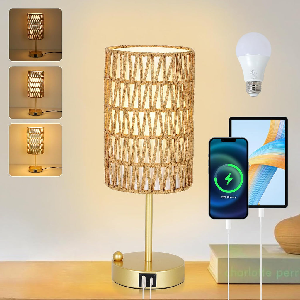 Gold Table Lamp for Bedroom with Bulb, Small Touch Control Table Lamp for Living Room with Rattan & Linen Shade, 3 Way Dimmable Bedside…