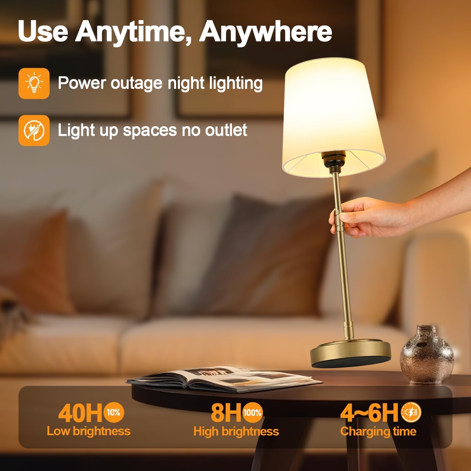 Cordless Table Lamps Set of 2 – Battery Operated Lamp with 7500mAh Rechargeable Battery, Stepless Dimmable Vintage Brass Desk Wireless…