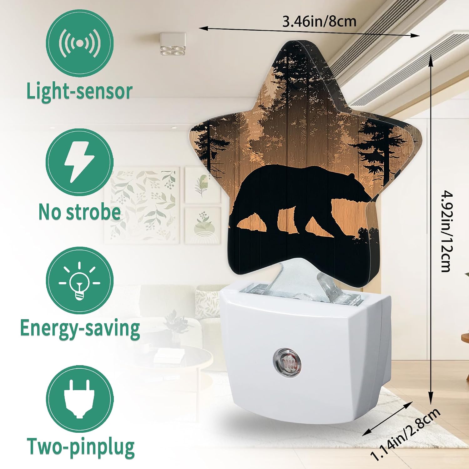 Rustic Woodland Bear Plug in Star Night Light, Night Light with Sensor for Kids Nursery Bedroom, Decorative Soft Glow Lamp for Hallway…