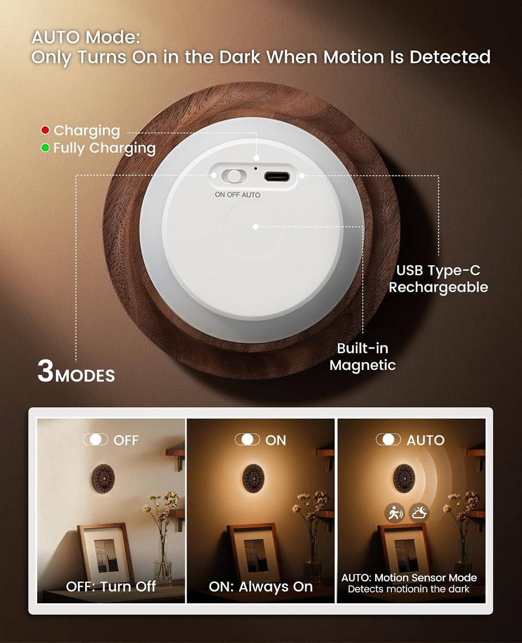 Motion Sensor Night Light Wood USB Rechargeable Stick-On Step Lights Magnetic Small Wall Lights for Hallway Bedroom Living Room Stair…