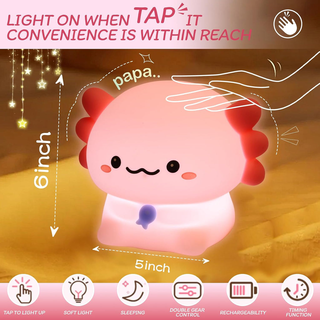 WelcometoMAGOHMT Axolotl Night Light for Kids - 3-Level Dimmer & Auto-Off Timer, Child-Safe Silicone Lamp, USB-C Rechargeable Nursery Light…