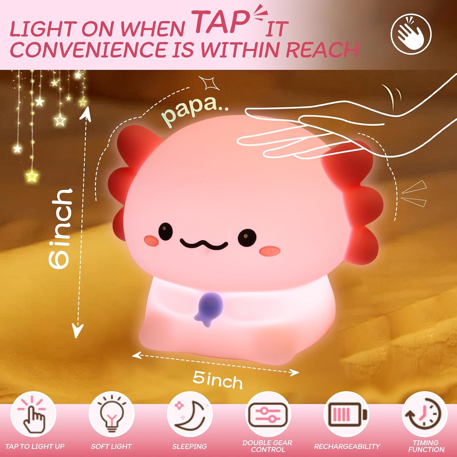 WelcometoMAGOHMT Axolotl Night Light for Kids - 3-Level Dimmer & Auto-Off Timer, Child-Safe Silicone Lamp, USB-C Rechargeable Nursery Light…