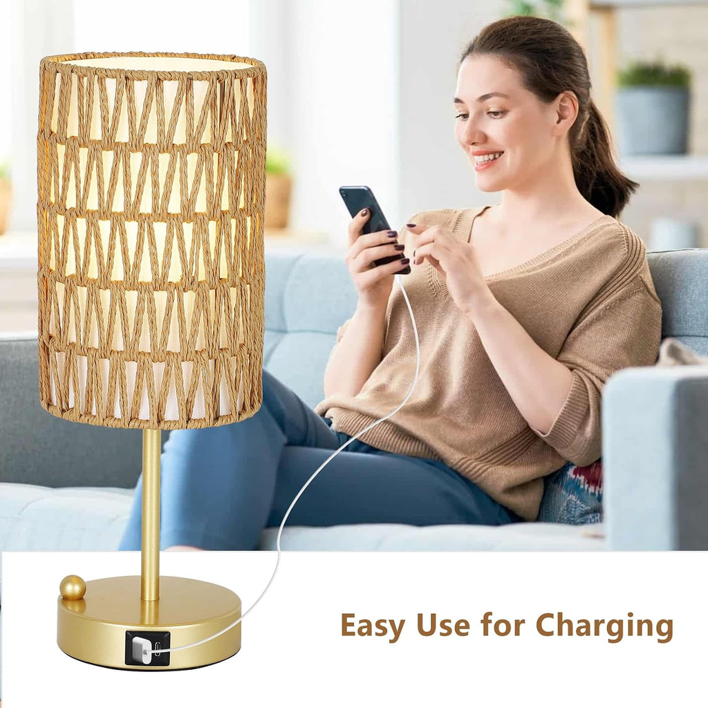 Gold Table Lamp for Bedroom with Bulb, Small Touch Control Table Lamp for Living Room with Rattan & Linen Shade, 3 Way Dimmable Bedside…