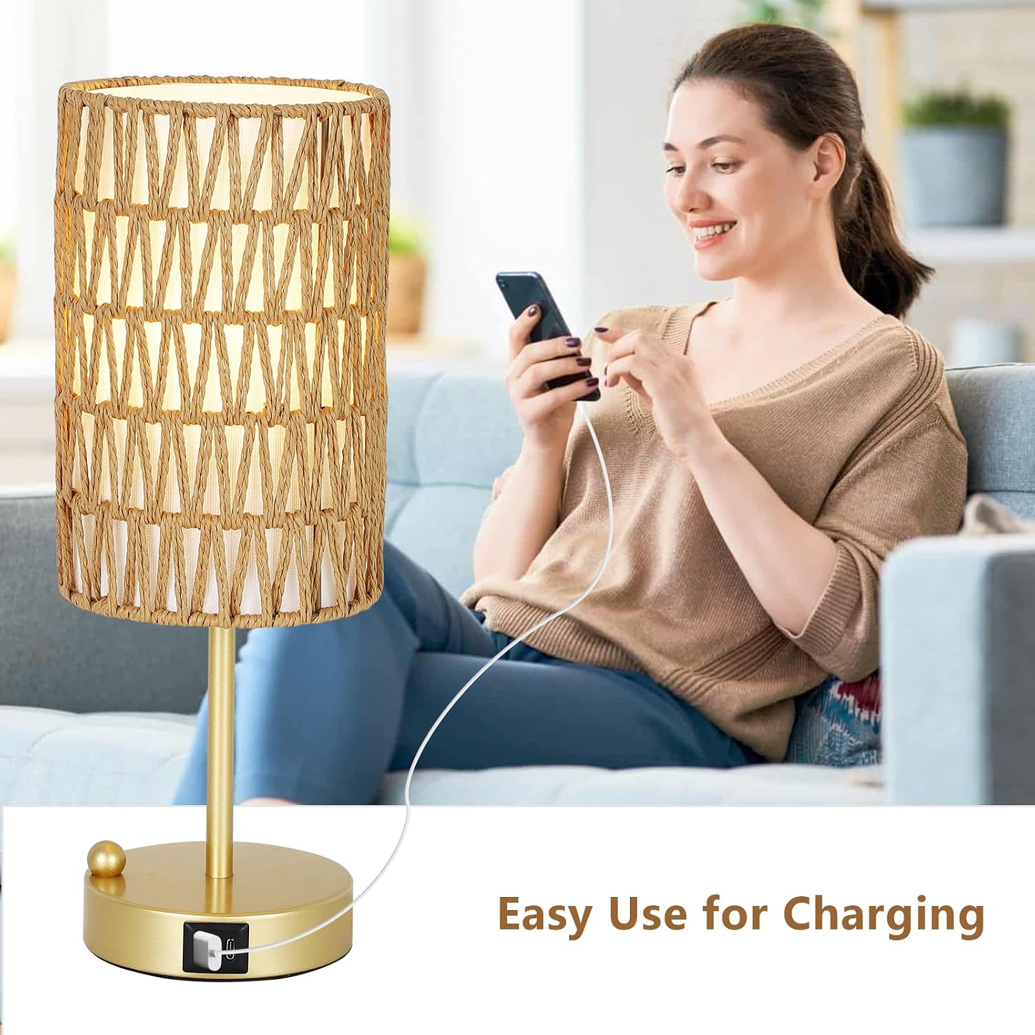 Gold Table Lamp for Bedroom with Bulb, Small Touch Control Table Lamp for Living Room with Rattan & Linen Shade, 3 Way Dimmable Bedside…