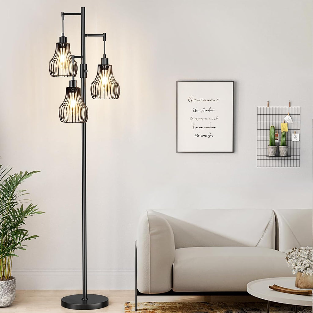 Ziisee Dimmable Floor Lamp, 3 x 800LM LED Edison Bulbs Included, Farmhouse Industrial Floor Lamp Standing Tree Lamp with Elegant Cage…