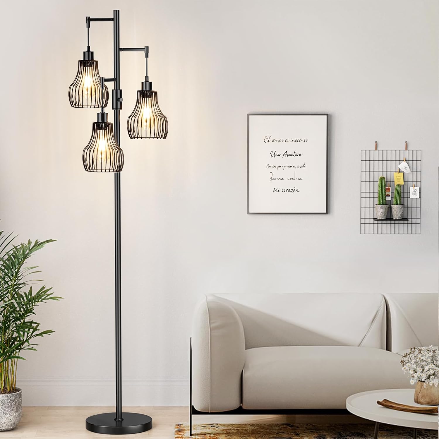 Ziisee Dimmable Floor Lamp, 3 x 800LM LED Edison Bulbs Included, Farmhouse Industrial Floor Lamp Standing Tree Lamp with Elegant Cage…