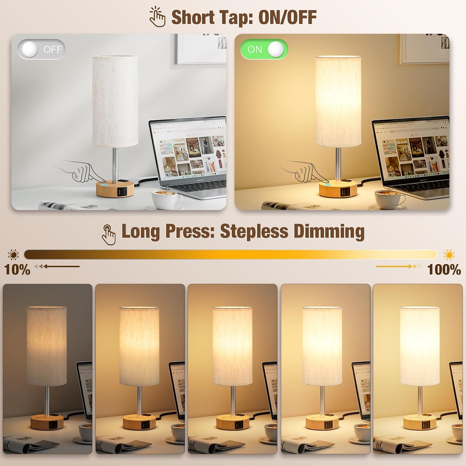 Aooshine Touch Bedside Table Lamp with Memory - Stepless Dimmable Lamp for Bedroom, Small Nightstand Lamp with Dual USB Charging Ports and…