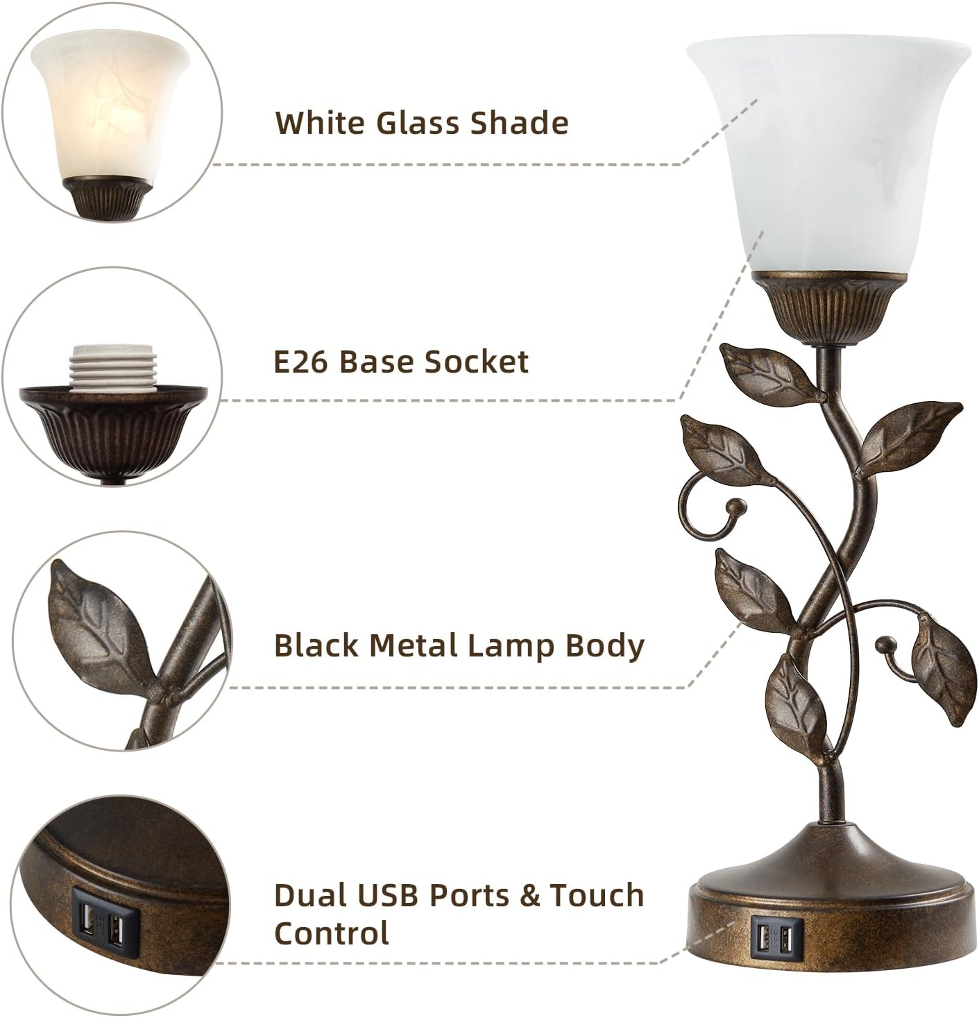 Touch Bedside Table Lamp, Vintage Nightstand Lamp with 2 USB Ports for Living Room, 3 Way Dimmable Leaf Lamp Retro Table Lamp for Bedroom…
