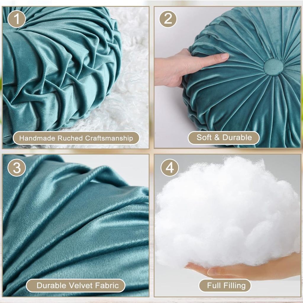 HIG Set of 2 Teal Ruched Velvet Round Throw Pillows – 14.5’’ Decorative Pillows with Soft Polyester Filling for Couch, Bed, Living Room…