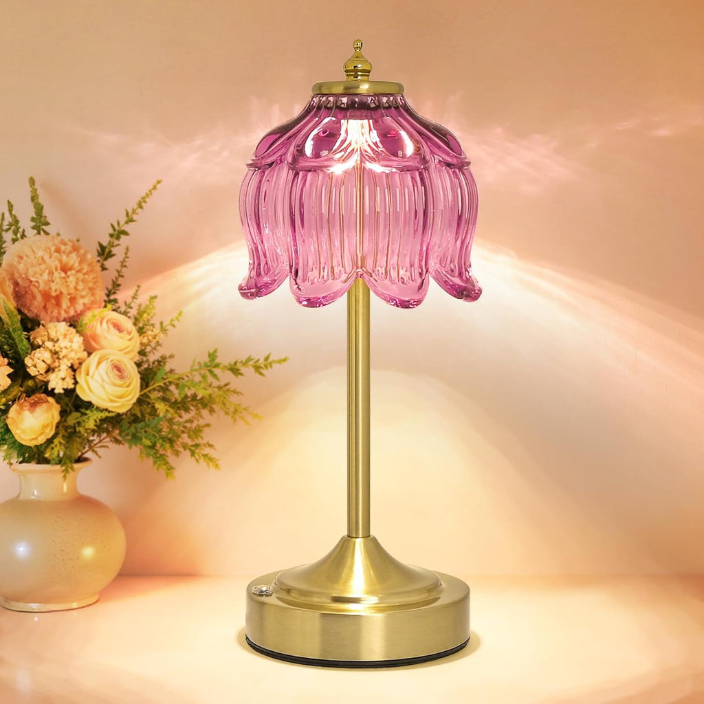 Crkwos Cordless Lotus Flower Table Lamp, 5200mAh Rechargeable Battery Operated Portable Lamp, 3-Color Dimmable Touch Control Small D…