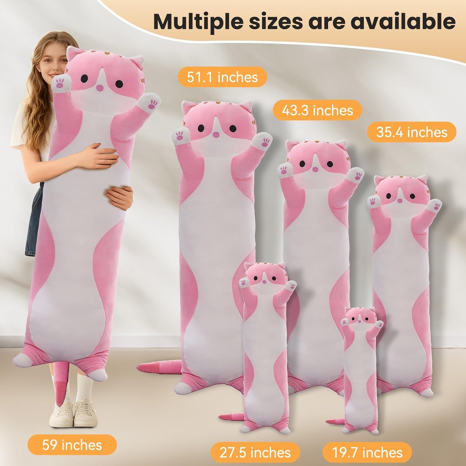 Shinuoer Cute Cat Plush Long Body Pillow – Soft Cartoon Stuffed Animal Doll, Kawaii Cat Plushie Cuddle Toy for Kids, Girls & Girlfriend (Pi…