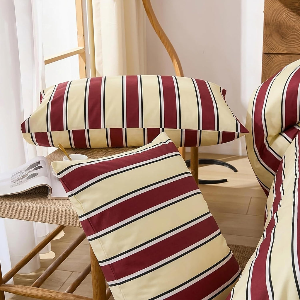 Merryword 100% Cotton Pillow Cases, Queen Size Pillowcases, Burgundy & Cream Striped Pillowcases, Luxury Linen Like Pillowcase, Soft Breath…