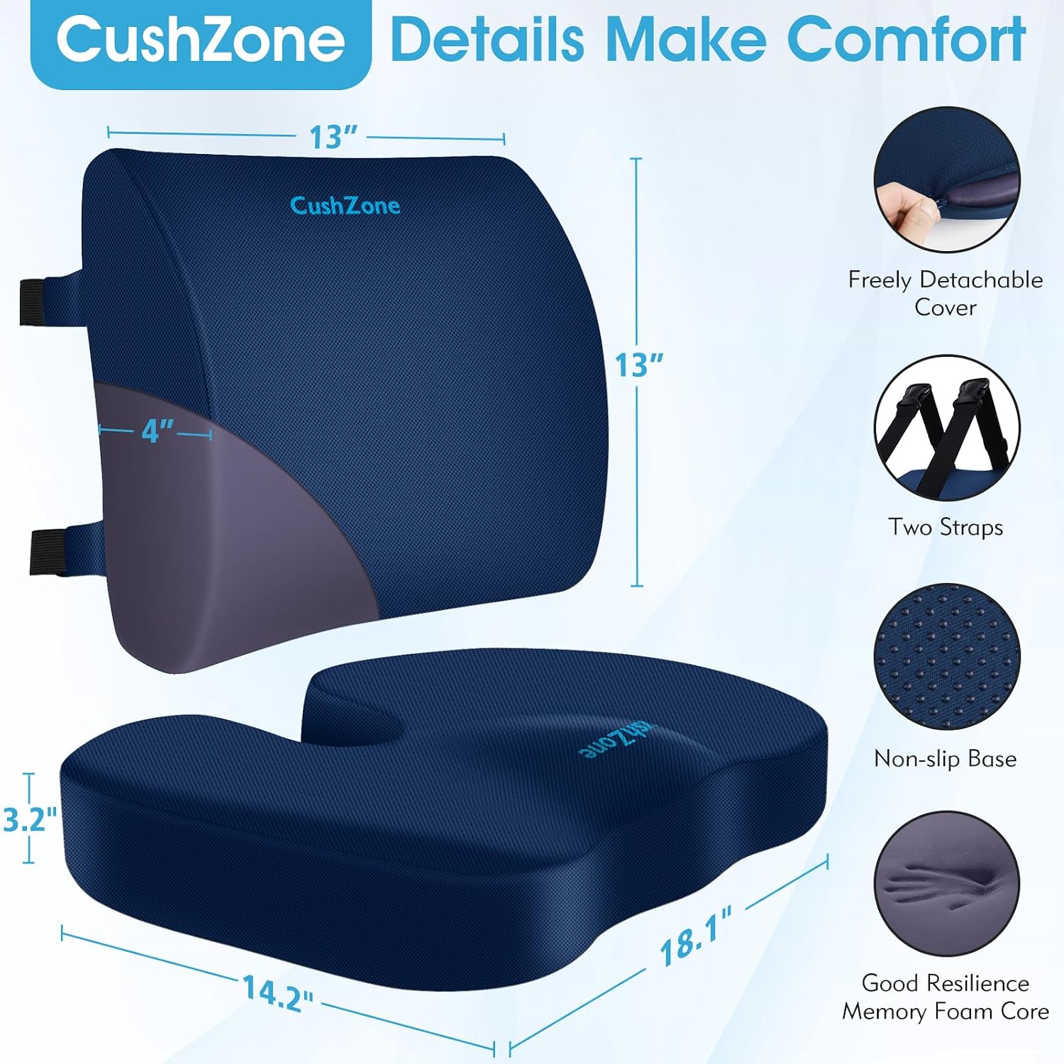 CushZone Seat Cushion, Lumbar Support Pillow with Adjustable Strap-Chair Cushions for Sciatica -with Washable Cover Memory Foam for Car, Tr…