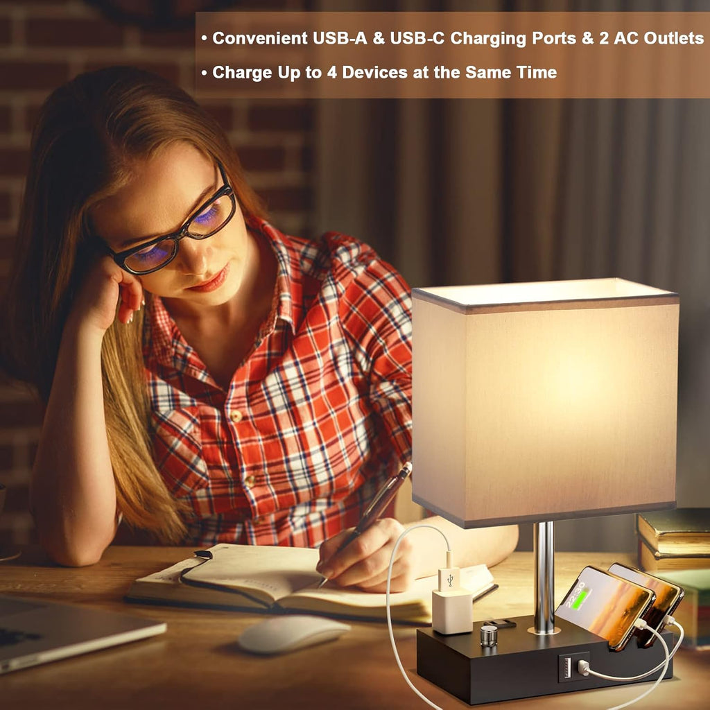 Kakanuo Table Lamp for Bedroom with Dual USB Ports, Grey Fully Dimmable Bedside Lamp with Phone Stands and 2 Charging Outlets, Desk Lamp…