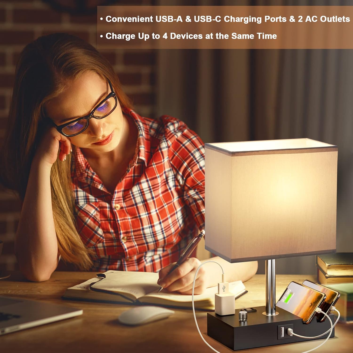 Kakanuo Table Lamp for Bedroom with Dual USB Ports, Grey Fully Dimmable Bedside Lamp with Phone Stands and 2 Charging Outlets, Desk Lamp…