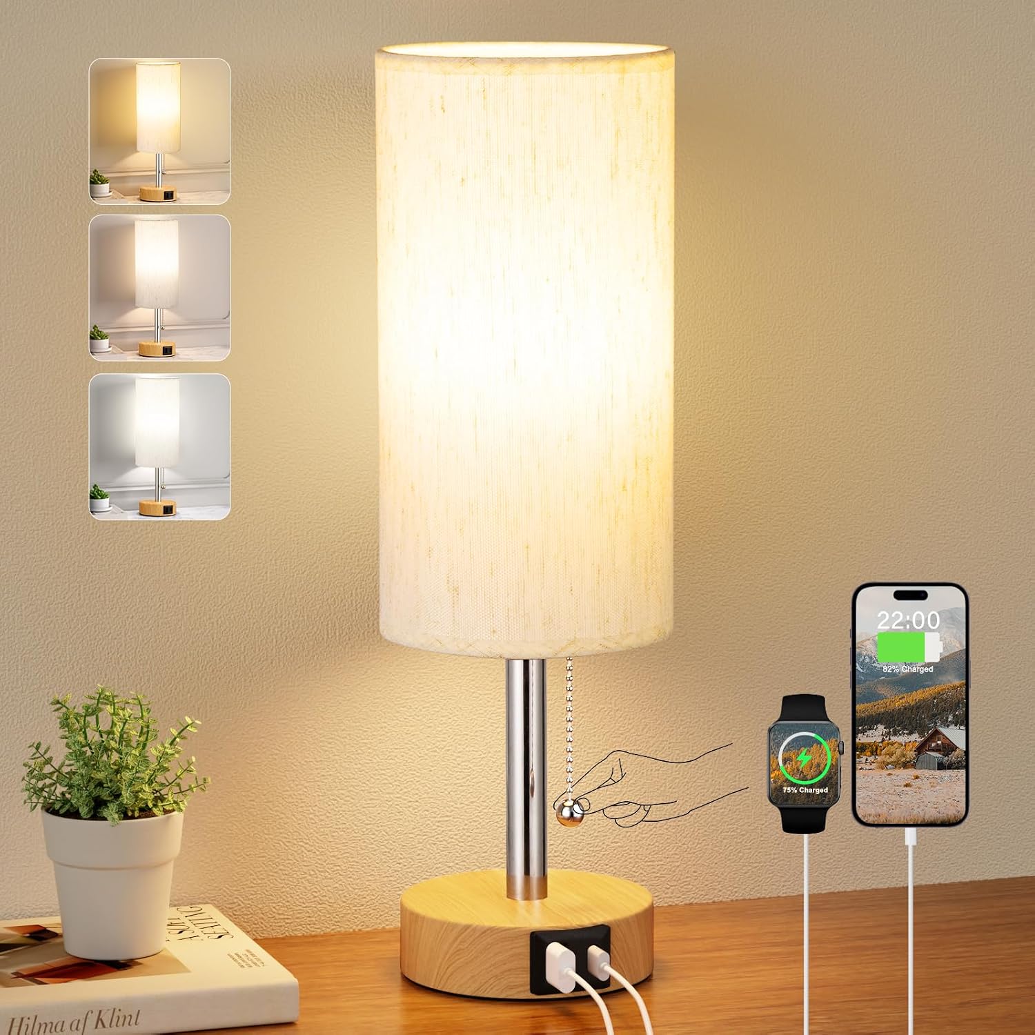 PartageiZ Small Table Lamp for Bedroom Nightstand - Bedside Lamp with USB A + C Charging Port, 3 Color Temperatures Pull Chain Night…