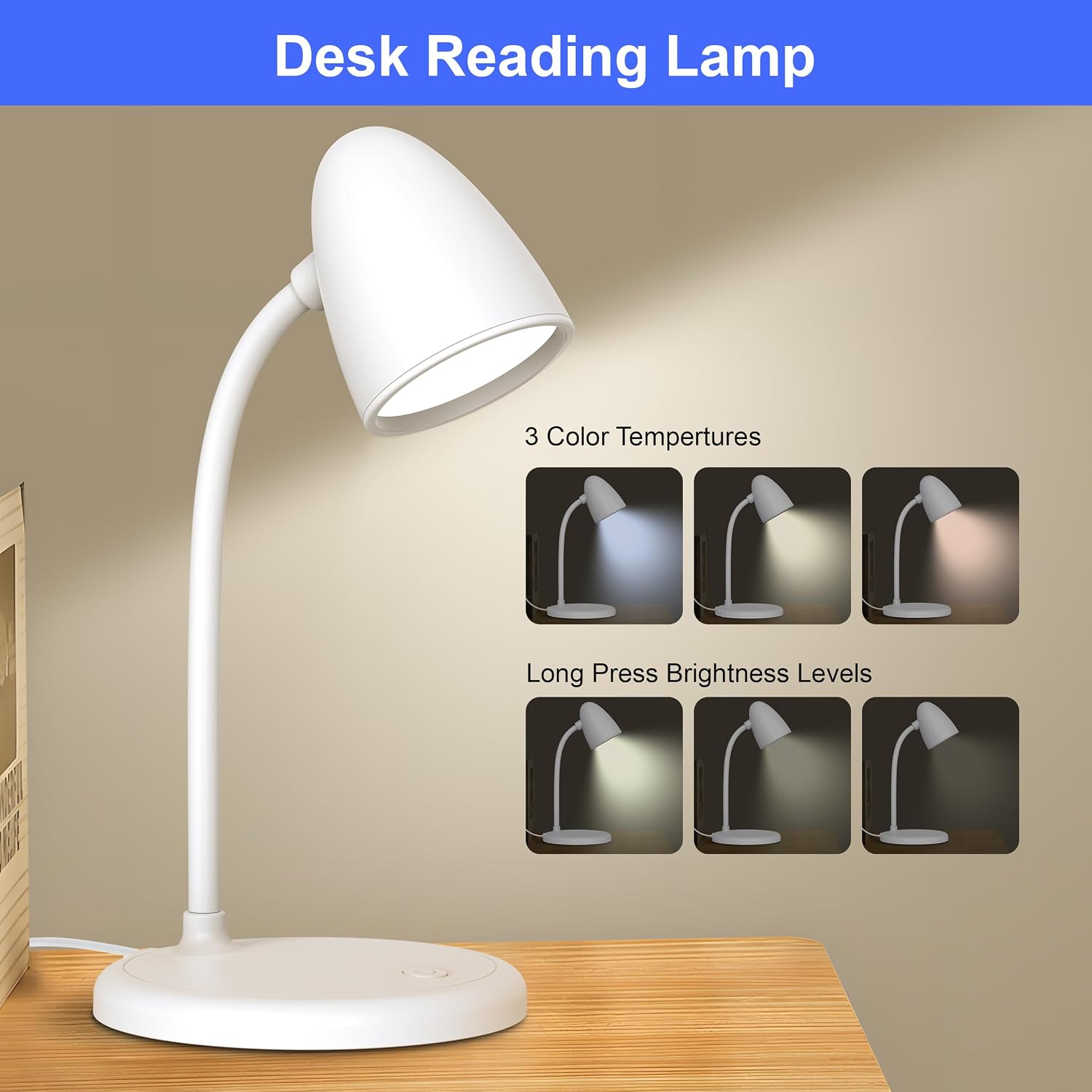 LED Desk Lamp for Home Office,3 Light Colors, Table Lamp, Dimmable Reading Light for Bedside Small Desk Lamp for College Dorm Room, Bedroom…