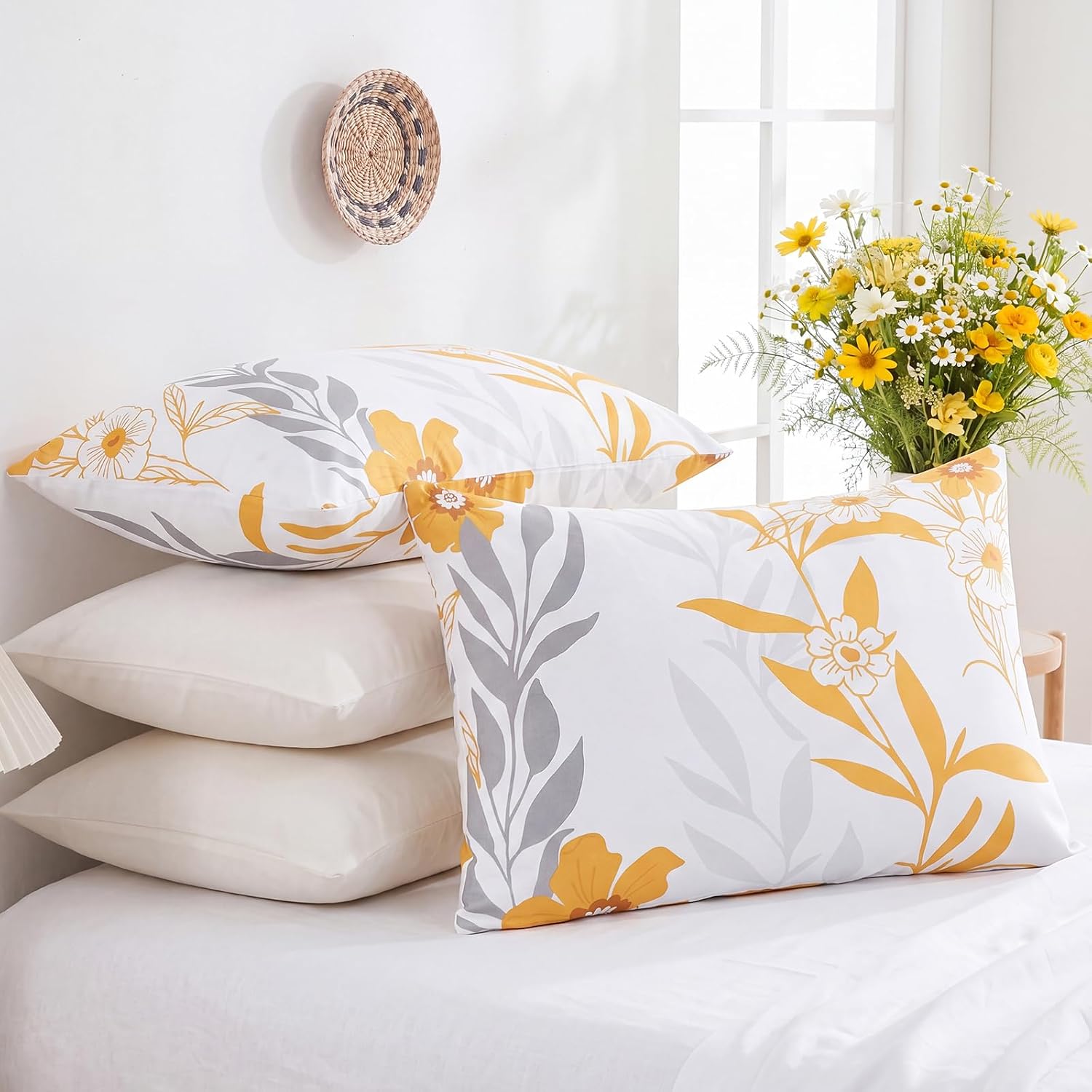 Bedorm 100% Cotton Pillowcases King Size Set of 2 Yellow Floral Pillow Covers Flower Leaf Botanical Print Decorative Pillow Cases with Pock…