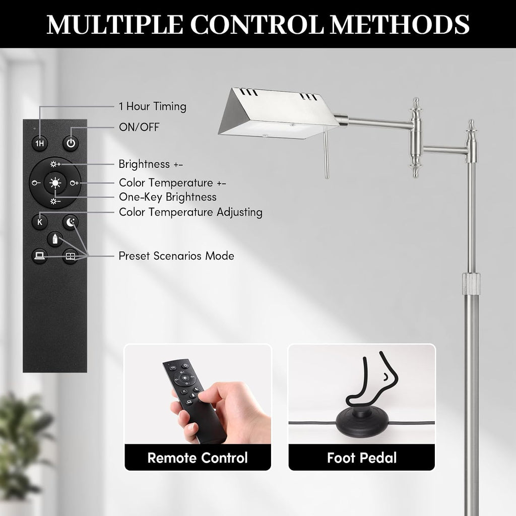 Dimmable Pharmacy Floor Lamp with Remote, 17W LED Reading Floor Lamp with 360°Swing Arm, 3 Color Temperature, Height Adjustable Silver…