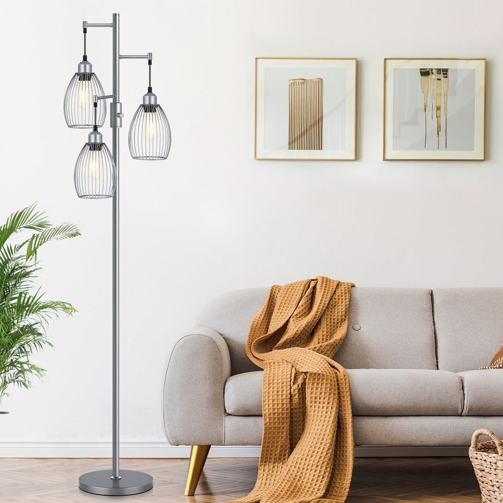Torondo Dimmable Industrial Floor Lamps for Living Room, Gray Tree Standing Tall Lamps with 3 Elegant Teardrop Cage Head & 800 Lumens LED…