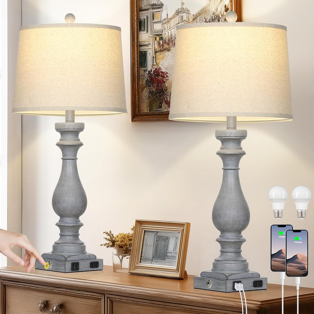 Cinkeda 29" Tall Farmhouse Table Lamp for Living Room Set of 2, Vintage Retro Nightstand Lamps with USB C+A Ports & AC Outlet,3-Way…