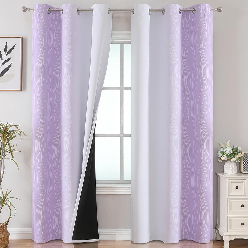Estelartextiler Estelar Textiler Lilac and Greyish White Room Darkening Blackout Curtains 84 Inches Long for Living Room, Thermal Insulated…