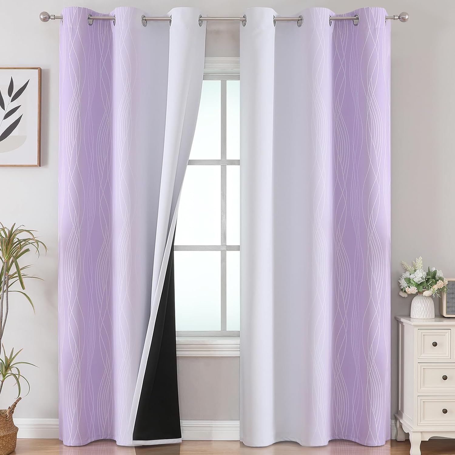 Estelartextiler Estelar Textiler Lilac and Greyish White Room Darkening Blackout Curtains 84 Inches Long for Living Room, Thermal Insulated…