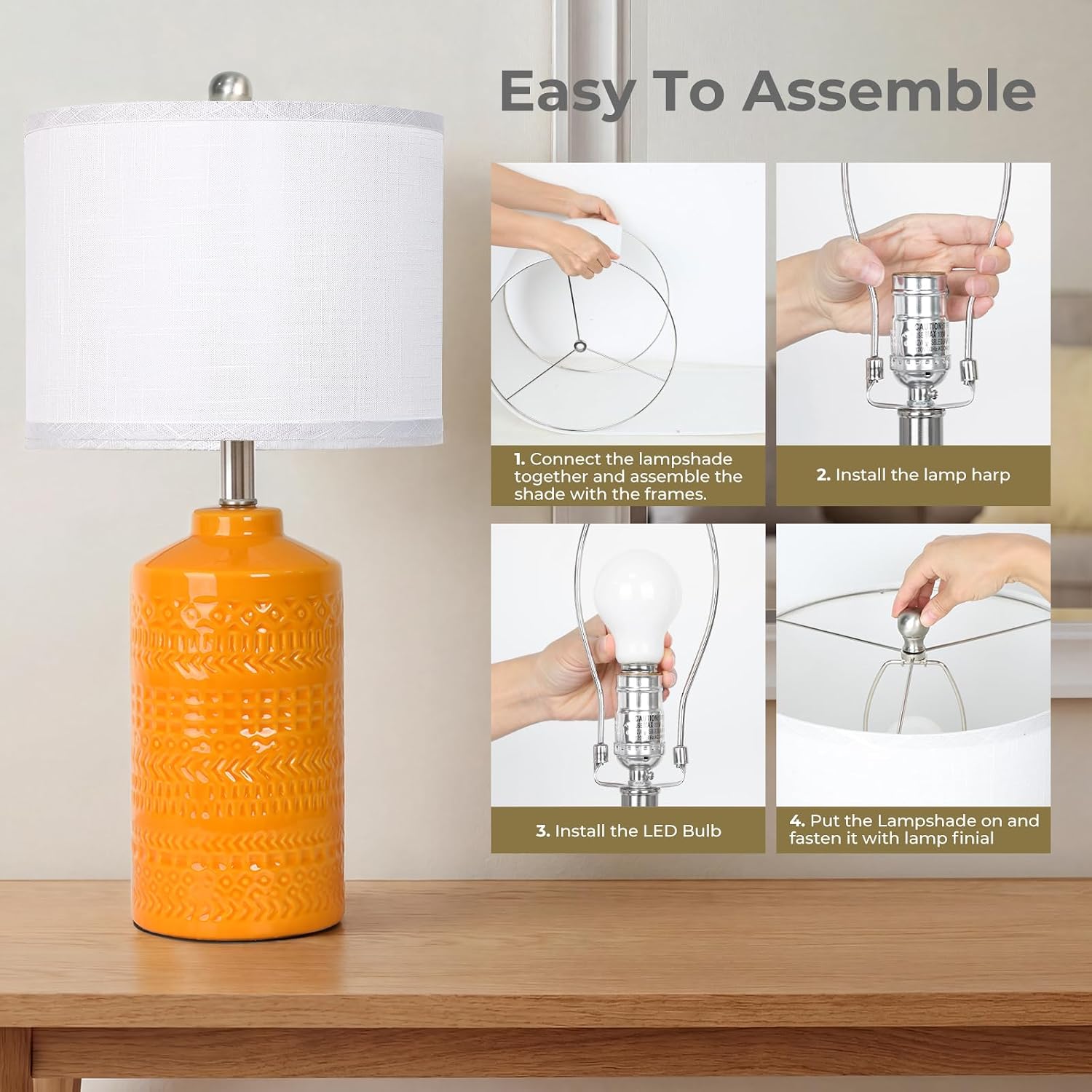 JUNNAI 25" Modern Orange Ceramic Table Lamp for Living Room Nightstand 3-Way Dimmable Farmhouse Lamp for Bedroom Bedside Entryway…