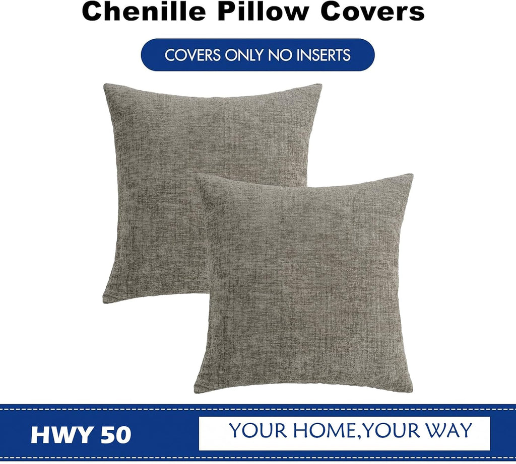 Hwy50 HWY 50 Dark Gray Couch Pillow Covers 16x16 Inch Pack of 2, Soft Chenille Decorative Throw Pillow Cases Farmhouse for Sofa Living Room…