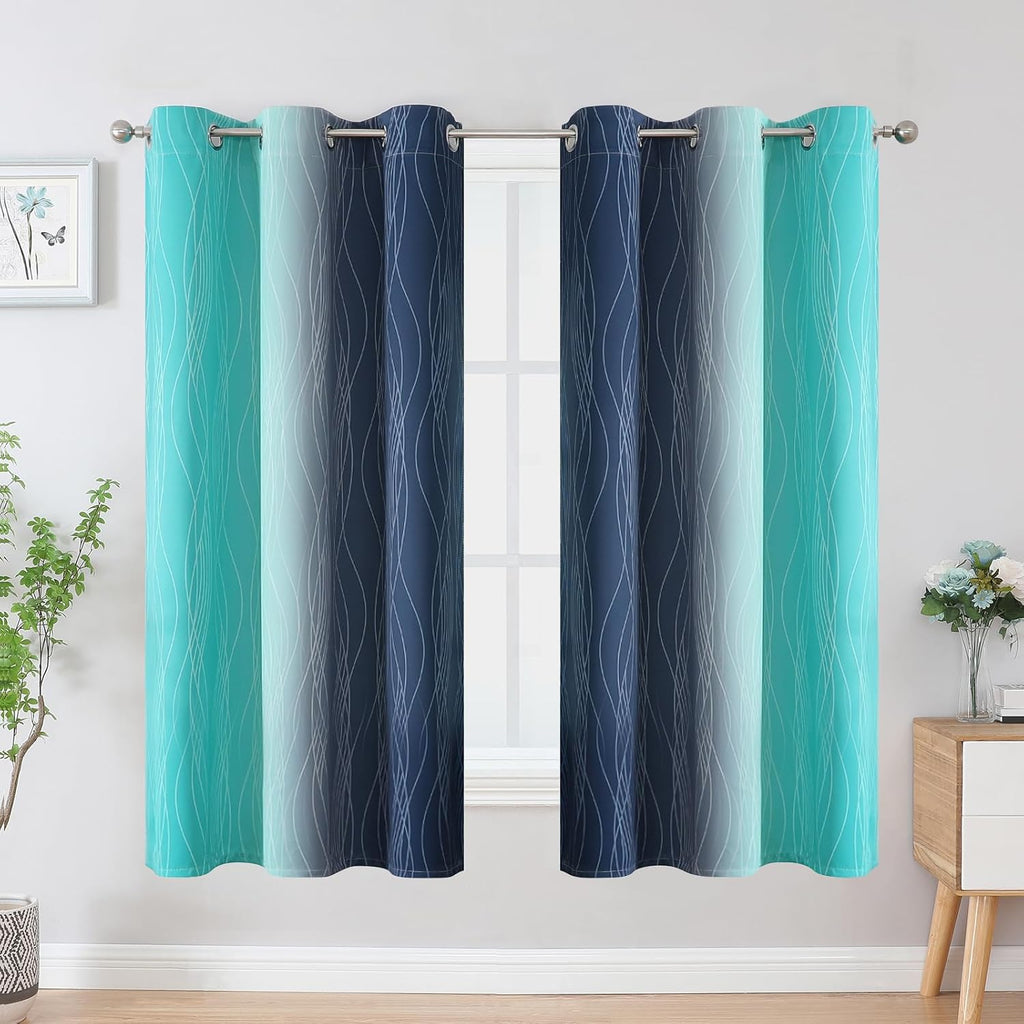 Estelartextiler Estelar Textiler Teal and Navy Blue Blackout Curtains for Boys Bedroom, Full Room Darkening Grommet Ombre Curtains for Livi…