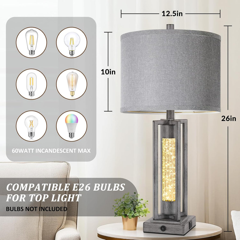 Tobusa 26’’ Farmhouse Table Lamps for Living Room Set of 2, Modern Nightstand Lamps with Crystal Night Light & 2 USB Ports, Vintage Home De…