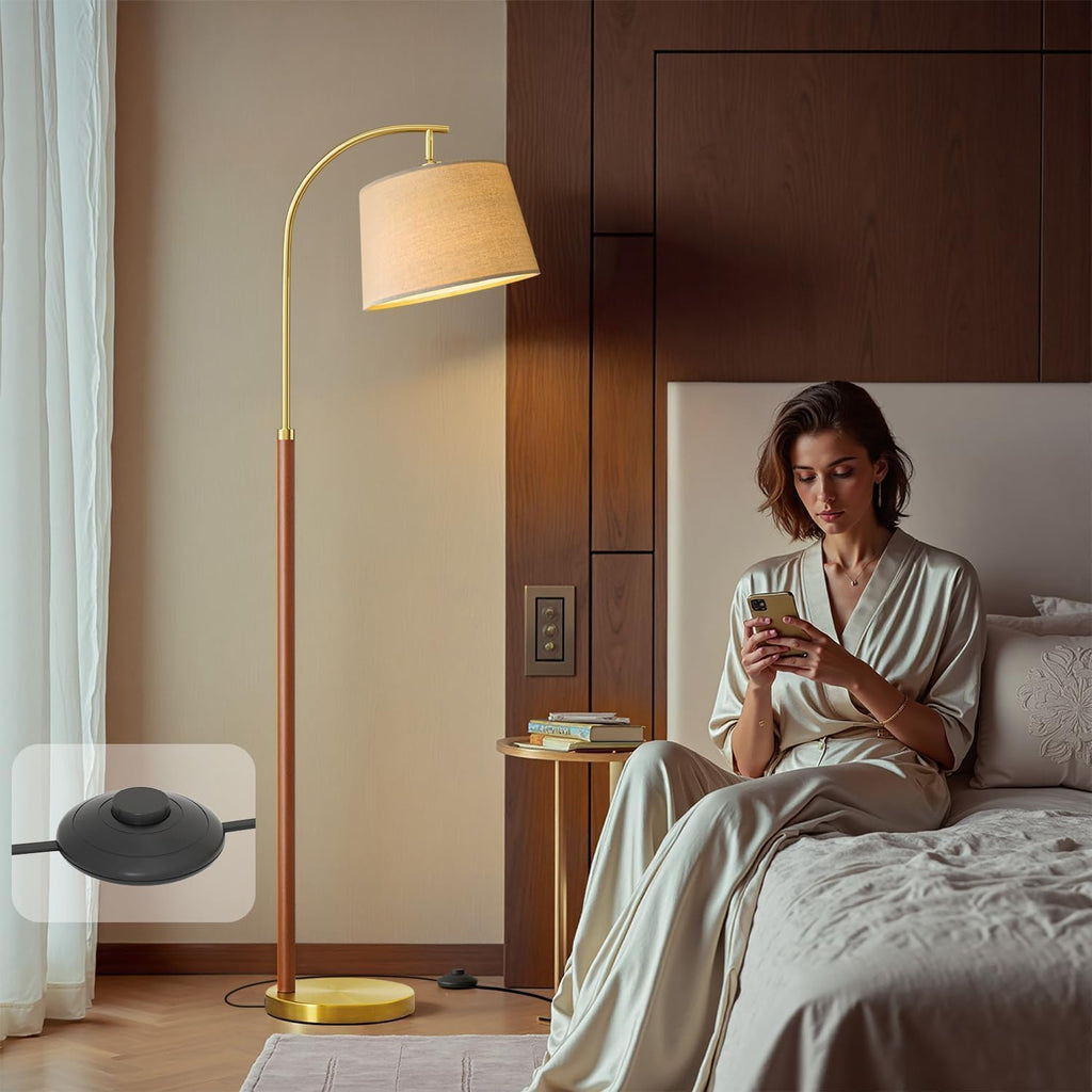 G-SAFAVA Real Wood Floor Lamps for Living Room Bedroom, 62.5" Mid Century Modern Lamp Gold Standing Tall Arc Lamps with Foot Switch…