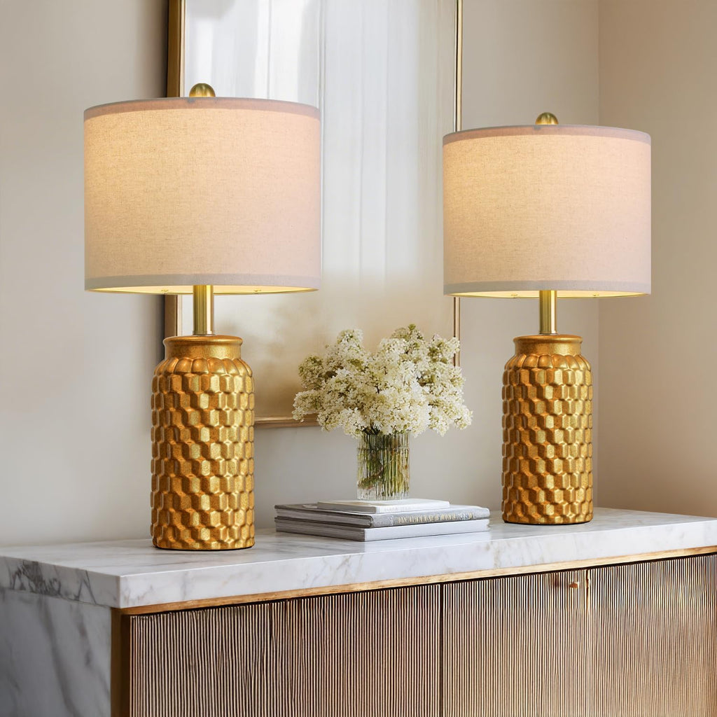 USumkky 20.5" Gold Modern Ceramic Bedside Lamp Set of 2 for Bedroom Decor Farmhouse Table Lamp for Living Room Office Dorm