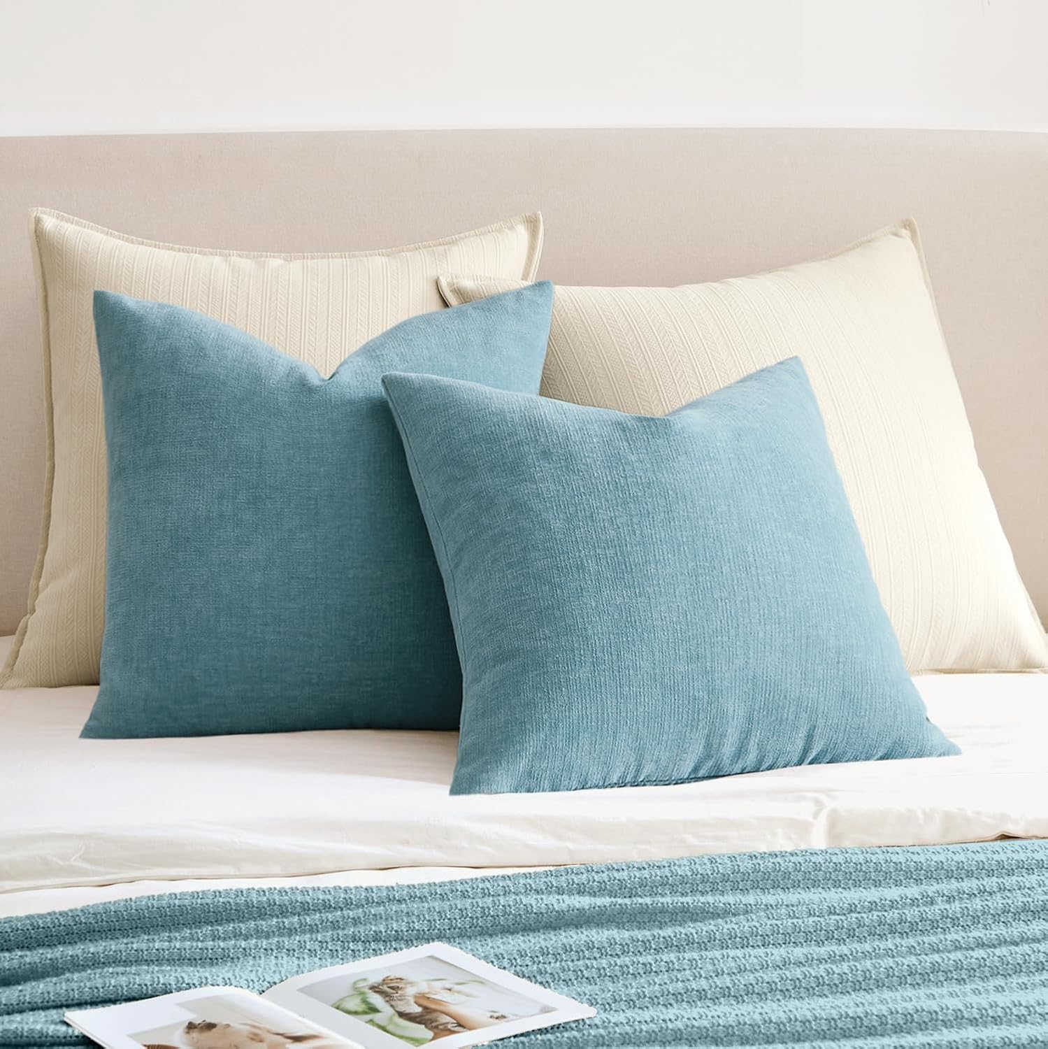 Miulee Smoke Blue Couch Pillow Covers 18x18 Inch, Set of 2 Soft Chenille Decorative Square Throw Pillow Covers Summer Farmhouse for Sofa Li…