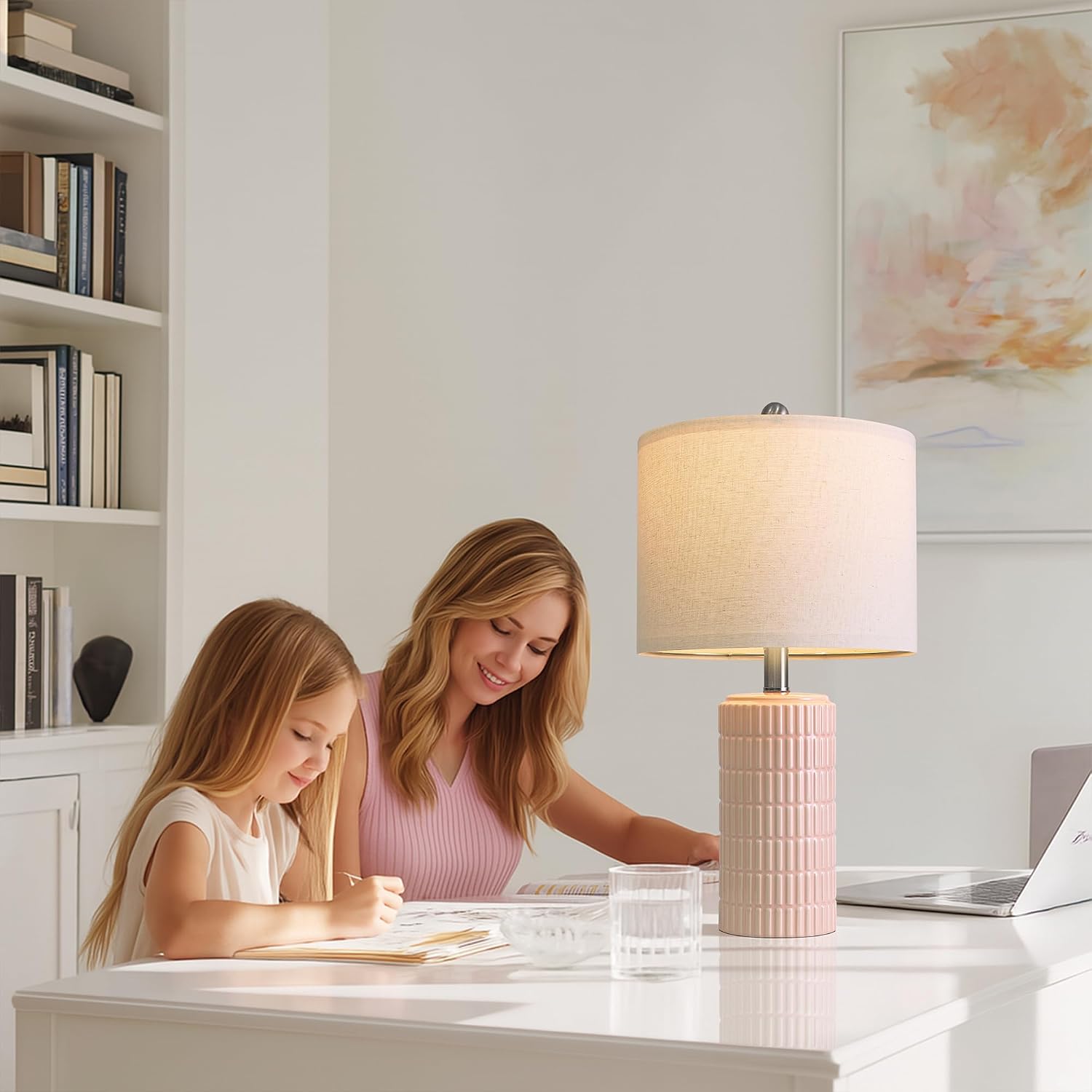 PoKat 20.75" Pink Ceramic Table Lamps Set of 2, Small Modern Bedroom Lamps for Girls Room, Bedside Lamps for Night Stands, Cute Lamps for…