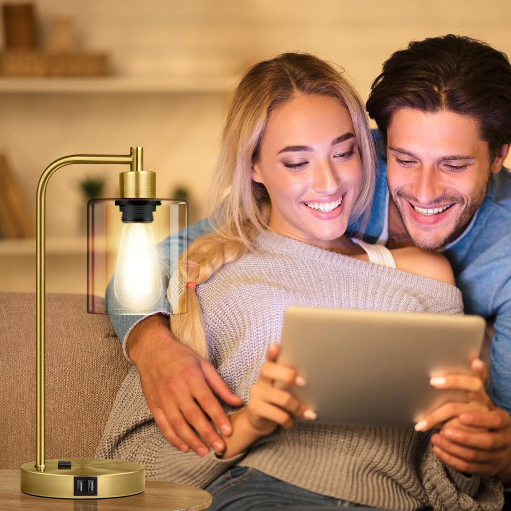 Nintiue Industrial Touch Table Lamps Set of 2-2 USB Ports & AC Outlet Nightstand Lamps, 3-Way Dimmable Bedside Desk Lamp for Living Room…