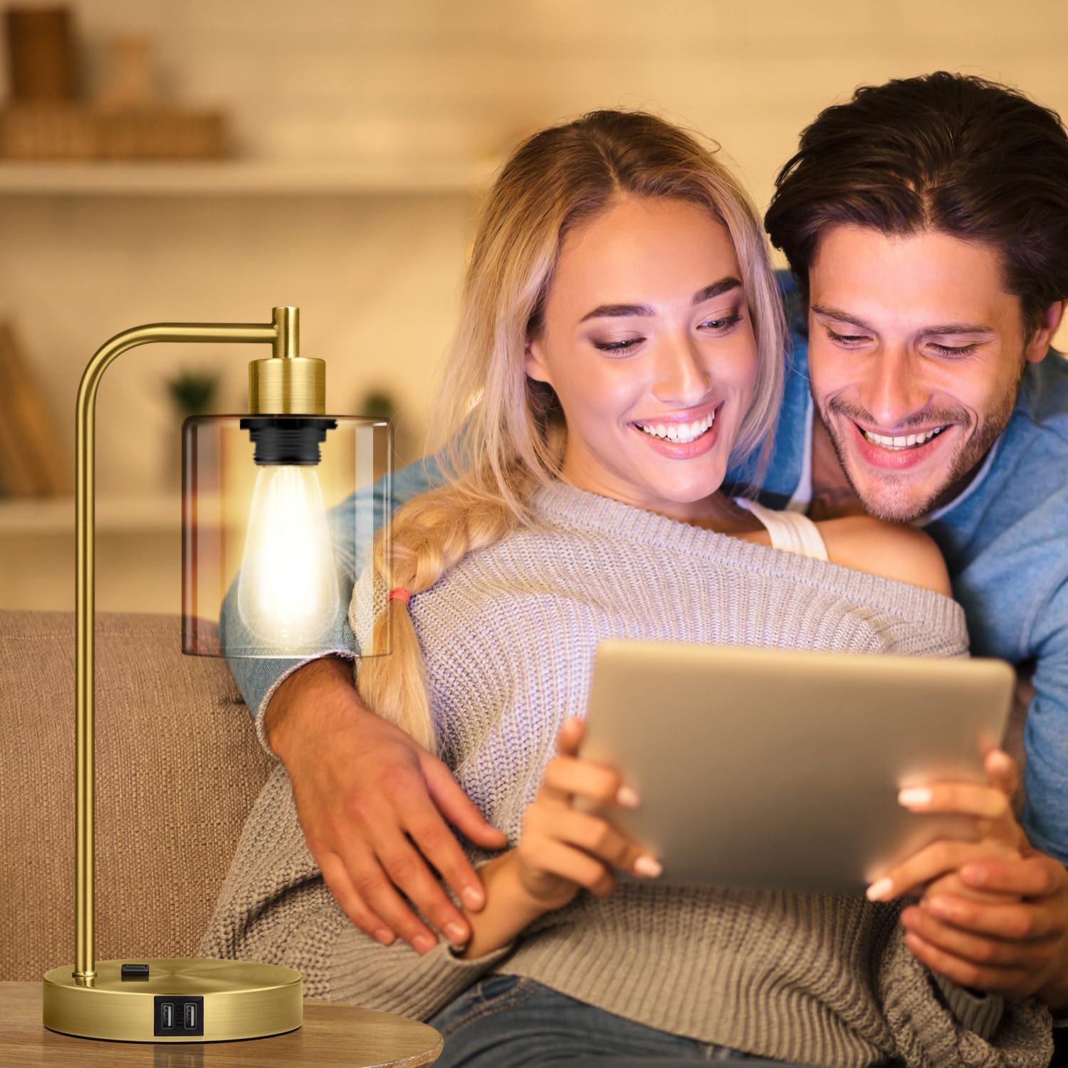 Nintiue Industrial Touch Table Lamps Set of 2-2 USB Ports & AC Outlet Nightstand Lamps, 3-Way Dimmable Bedside Desk Lamp for Living Room…