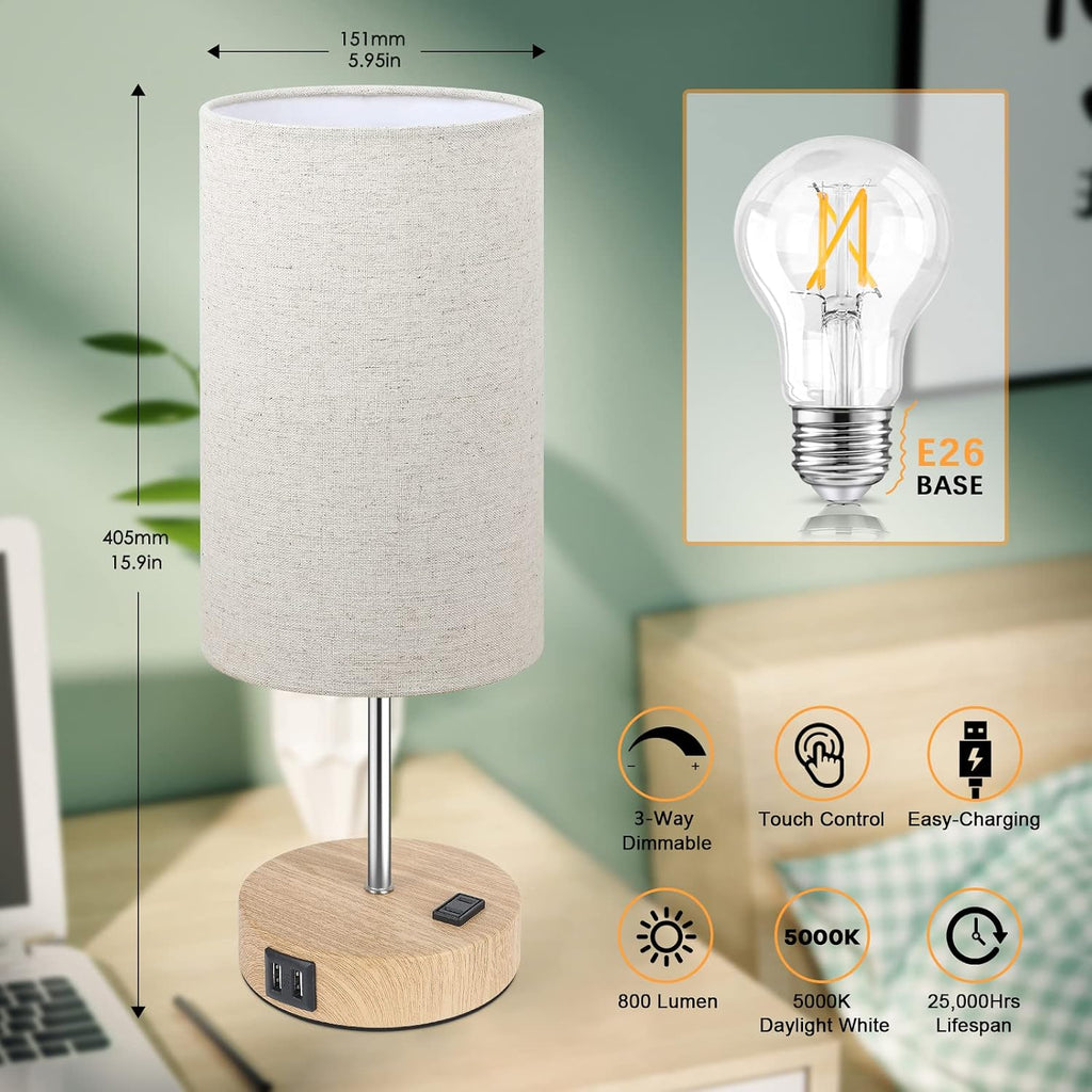 Brightever Bedside Table Lamps with 2 USB Charging Ports & AC Outlet, Set of 2 Touch Control Wooden Base Nightstand 3-Way Dimmable Lamps wi…