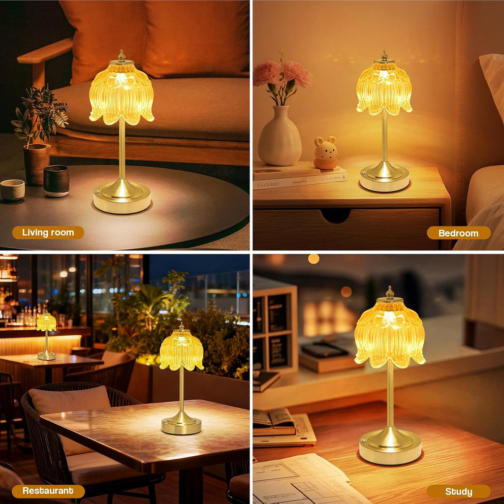 Crkwos Cordless Lotus Flower Table Lamp, 5200mAh Rechargeable Battery Operated Portable Lamp, 3-Color Dimmable Touch Control Small D…