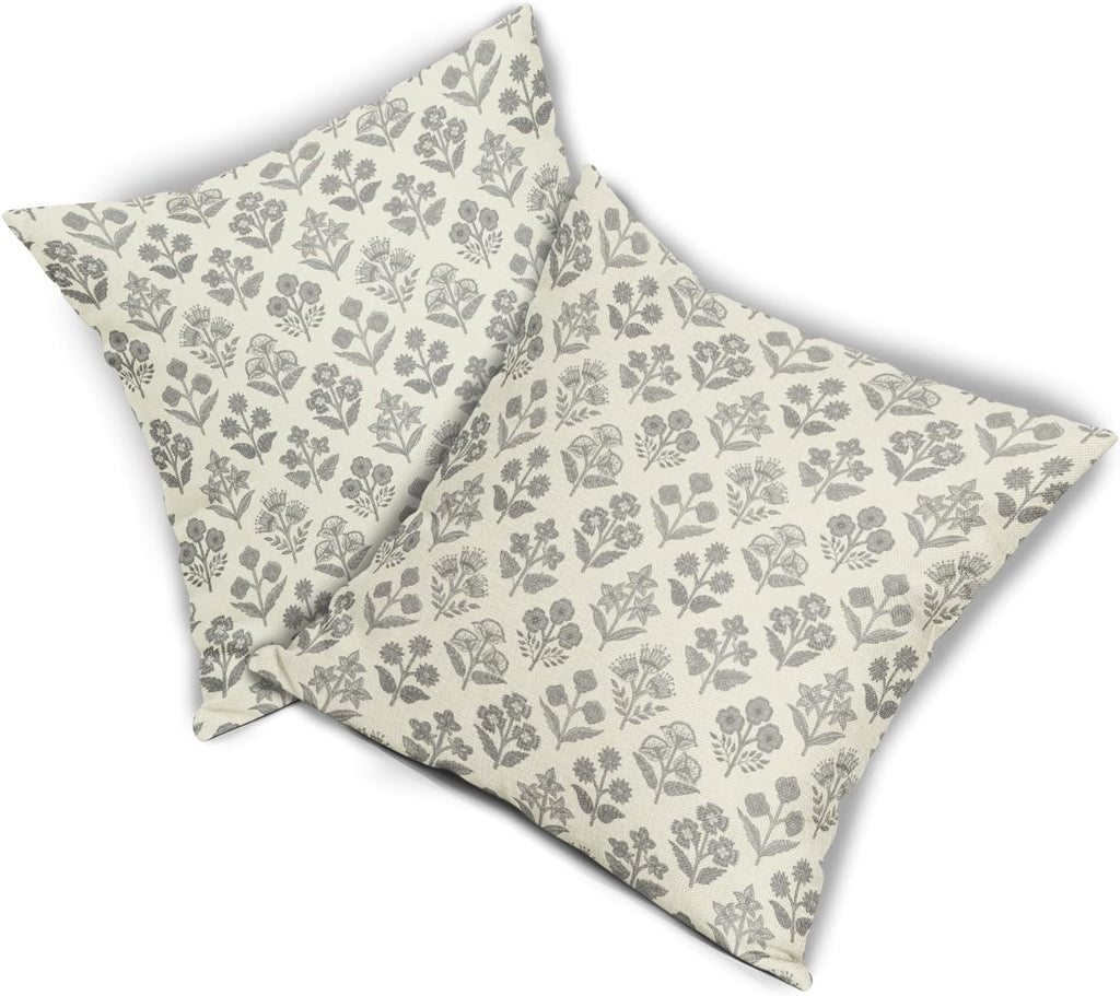 Grey Gray Floral Pillow Covers 18x18 Inch Set of 2, Vintage Flower Block Print Pattern Decorative Throw Pillowcases Outdoor Farmhouse…