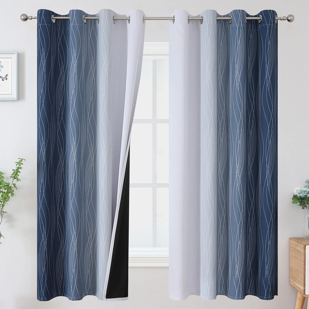 Estelartextiler Estelar Textiler Full Room Darkening Greyish White and Navy Blue Blackout Curtains 63 Inch Length 2 Panels Set, Ombre Therma…