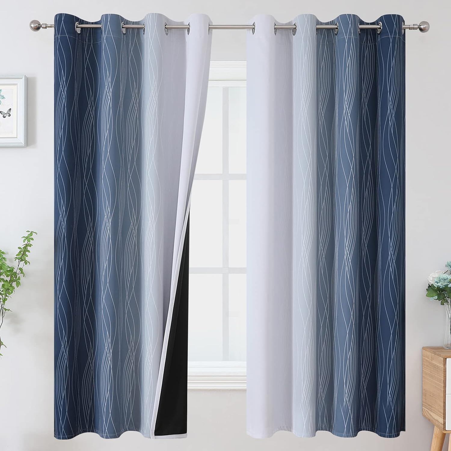 Estelartextiler Estelar Textiler Full Room Darkening Greyish White and Navy Blue Blackout Curtains 63 Inch Length 2 Panels Set, Ombre Therma…