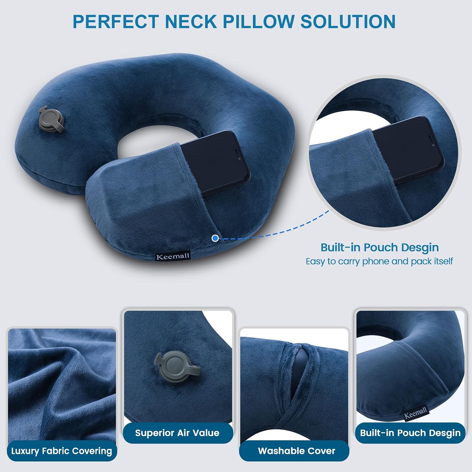 Keemall Travel Neck Pillow for Airplane, Compact Inflatable Neck Pillow for Traveling Long Flights, Adjust Firmness Neck Suport Pillow…